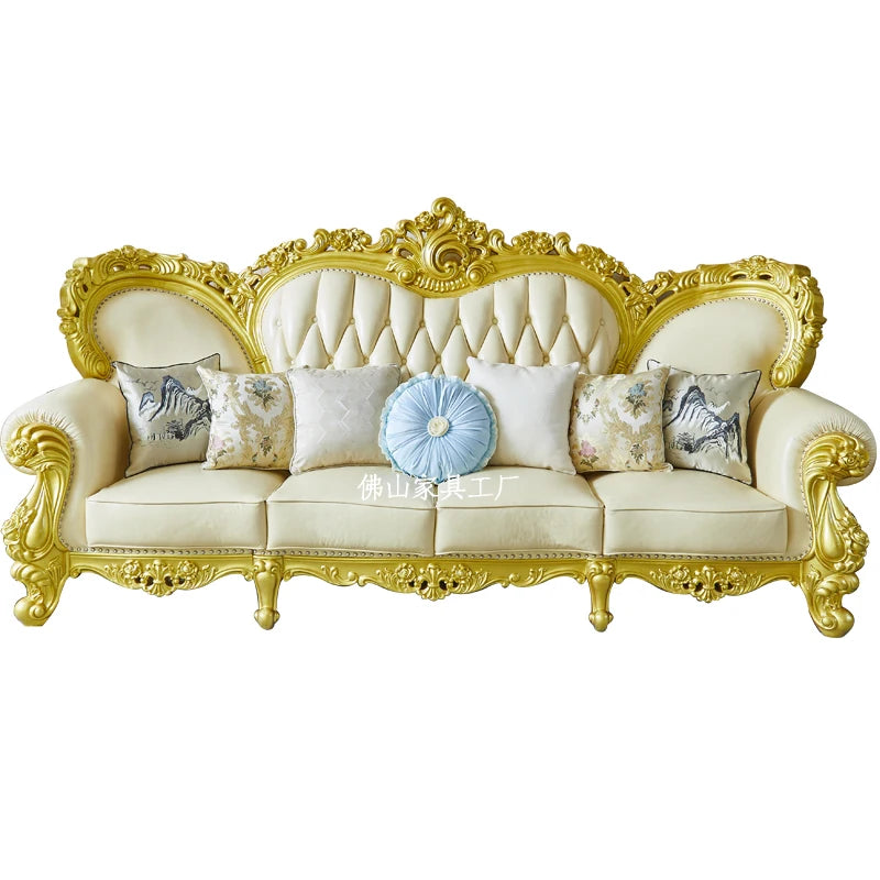 European Style Solid Wood Sofa – Genuine Leather Combination for Large Family Living Room