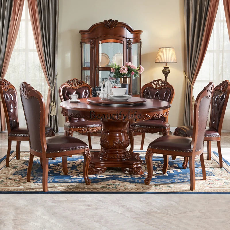 American Solid Wood Marble Dining Set: Light Luxury Rotating Round Table and Chairs