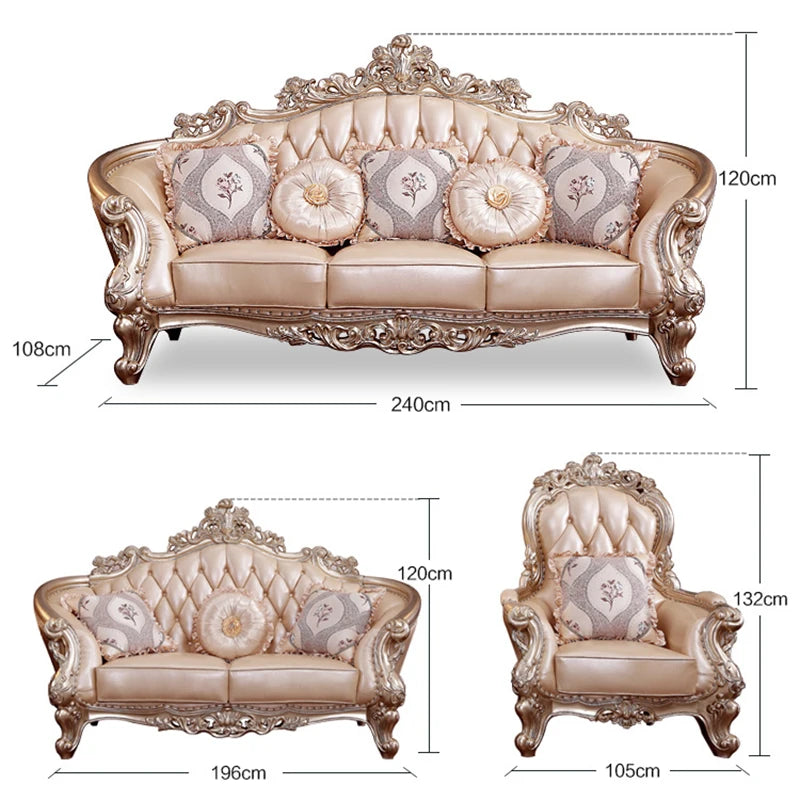 European-Style Leather Sofa Combination: Luxury Solid Wood Carved Sectional for Villa Living Rooms.