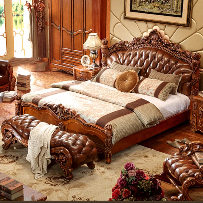 American Princess Oak Double Bed – European Style with Leather and Modern Storage.