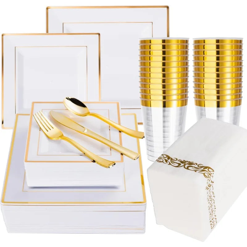 50-Guest Gold Dinnerware Set – 100 Square Plastic Plates with Gold Rim, Forks, Spoons, Knives, Cups & Napkins