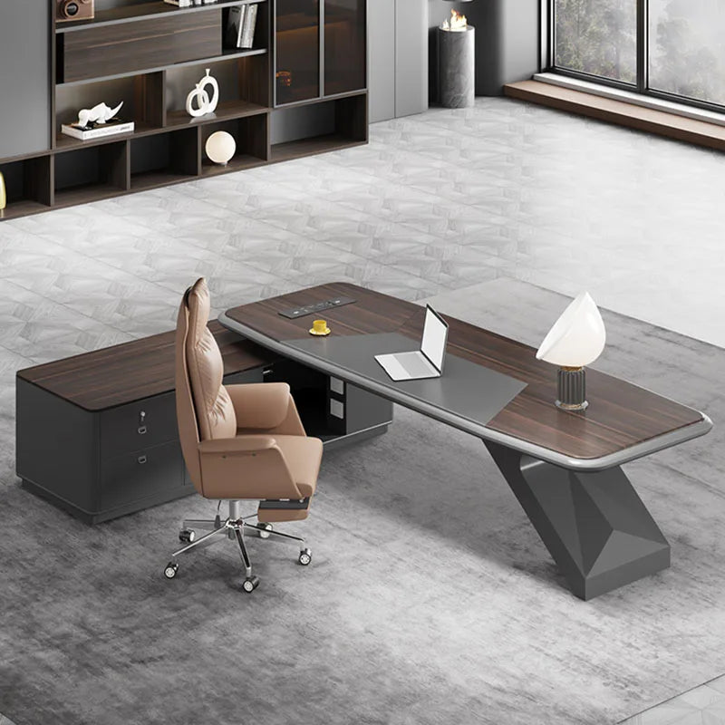 Modern L-shaped standing office desk with wooden drawers