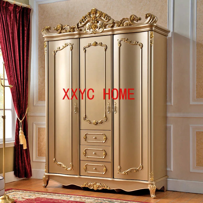 European-Style Three-Door Wardrobe – Champagne Gold, French Carved