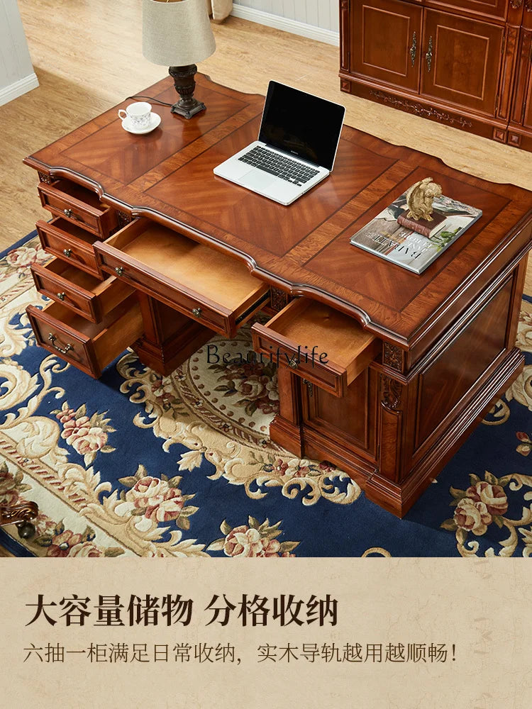 European-Style Solid Wood Desk Home American-Style High-End Vintage Engraving Villa Computer Desk
