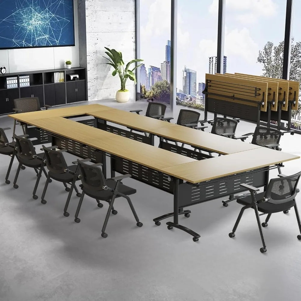 6-Pack Conference Tables for 12-16 People, Modern Flip-Top Training Room Tables with Wheels, Space-Saving Rectangle Design