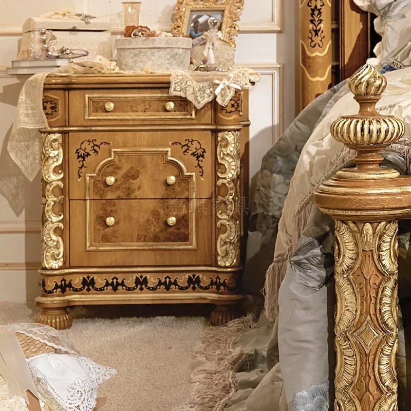 Custom-made American country solid wood double bed, featuring European luxury palace-style carvings.