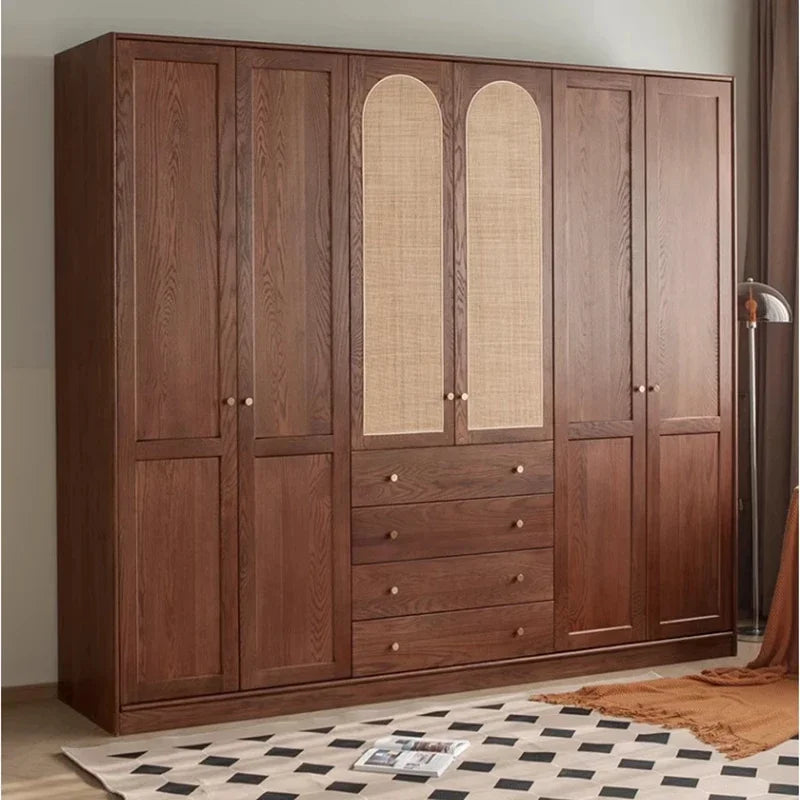 Nordic solid wood wardrobe oak walnut color bedroom rattan simple wardrobe cherry wood log custom