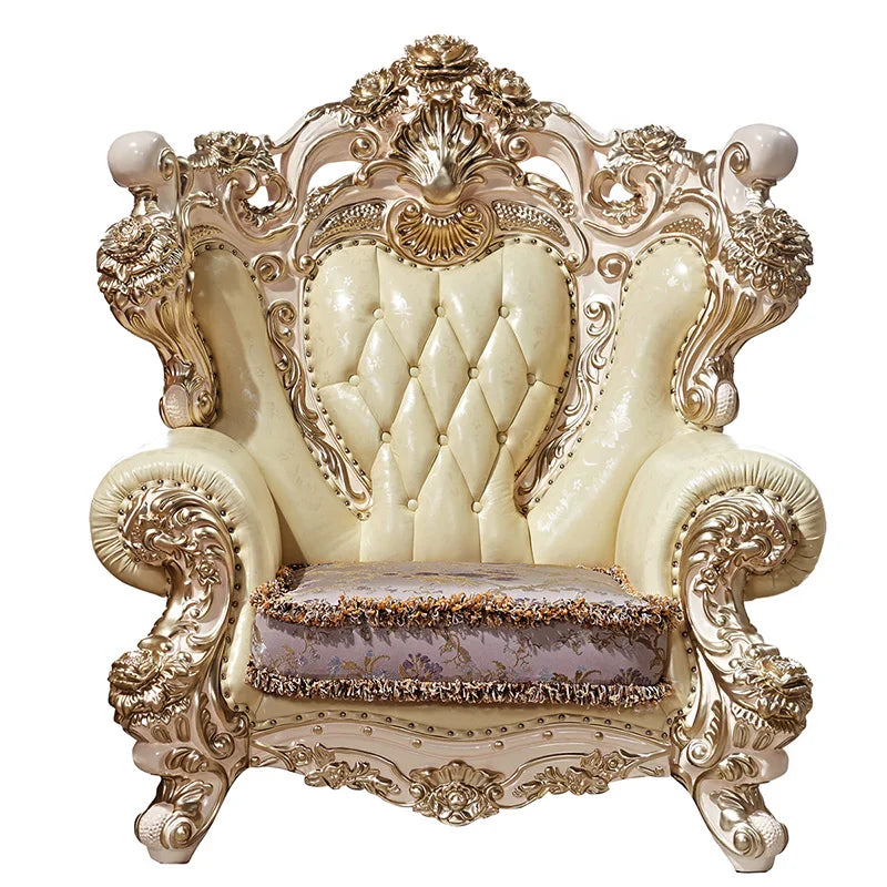 European-Style Oversized Leather Sofa: Villa Club Furniture in Ivory White with Gold Accents, Solid Wood, 123 Sofas for Living Rooms.