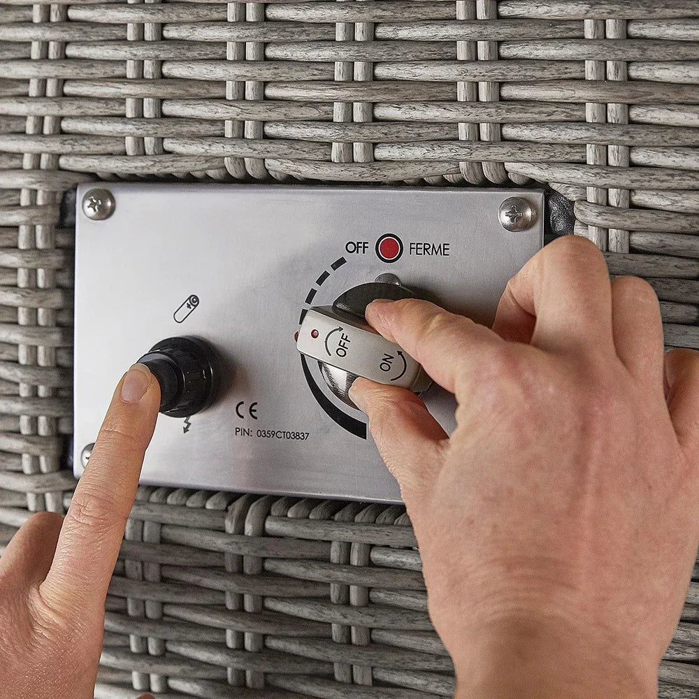 Custom 8-Seat Outdoor Rattan Dining Set with Rectangular Fire Pit Table.