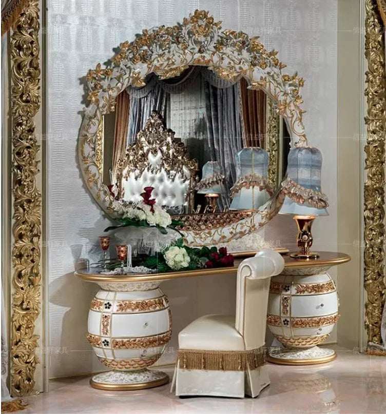 European luxury dressing table French court large flat solid wood carved makeup table mirror bedroom furniture customization