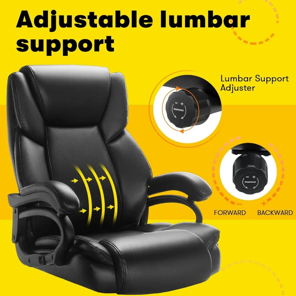 High Office Chair, 500 Lbs, Adjustable Lumbar Support, Silent Rubber Wheels, Heavy Duty Metal Base, Executive Chair