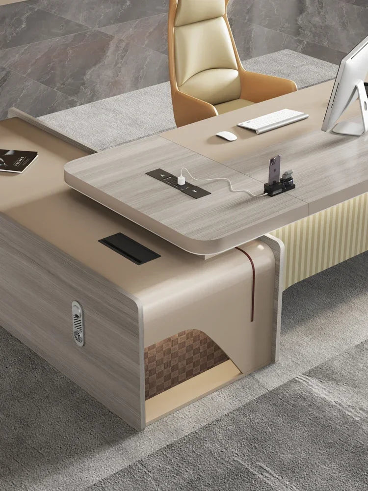 Modern L-Shaped Office Desk – Features Double Cabinet Legs for Added Storage