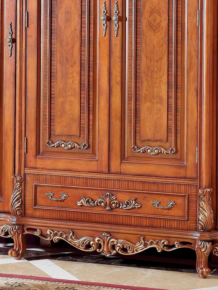 American Country Solid Wood Wardrobe – European-Style Retro, 4 Doors, Custom Luxury