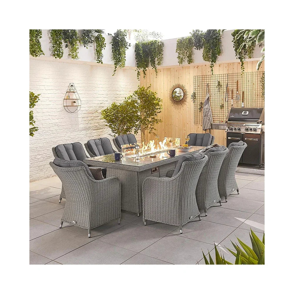 Custom 8-Seat Outdoor Rattan Dining Set with Rectangular Fire Pit Table.