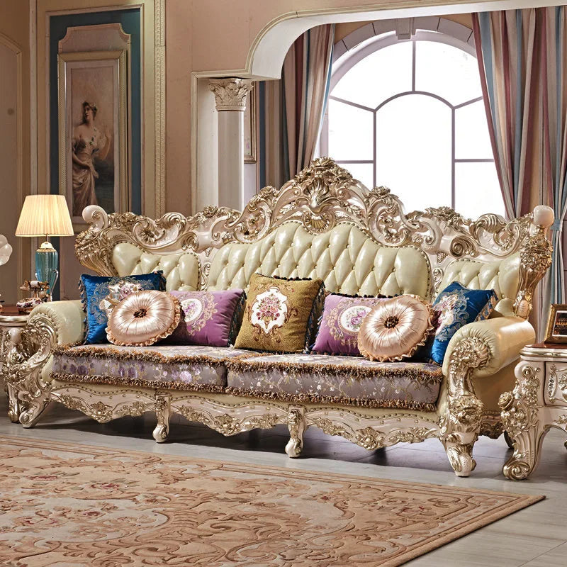 European-Style Oversized Leather Sofa: Villa Club Furniture in Ivory White with Gold Accents, Solid Wood, 123 Sofas for Living Rooms.