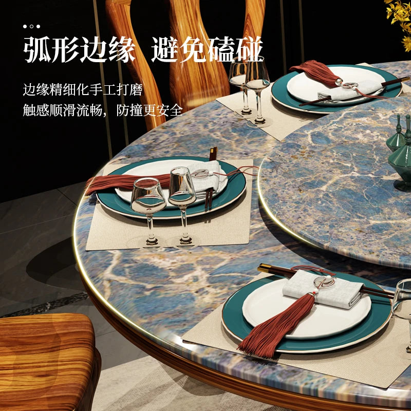 High-Quality Chinese Ebony Marble Dining Table – Solid Wood 8-Person Round Set with Chairs