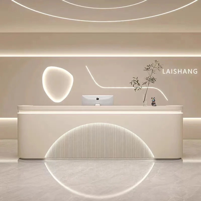 Professional Aesthetic Reception Modern Luxury Furniture Counter Salon Workshop Box Store Desk Curved Promotional Table Help