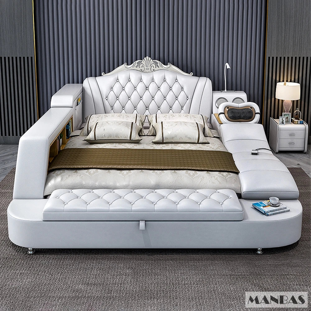 Tech Smart Multifunctional Bed with Genuine Leather, Massage, USB, Bluetooth Speaker, and Tatami for Safety.