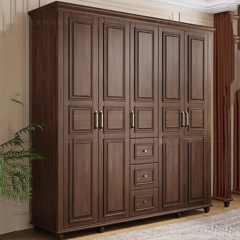 American Retro Large Wood Wardrobe – Black Walnut, 4 Doors, Open Closet