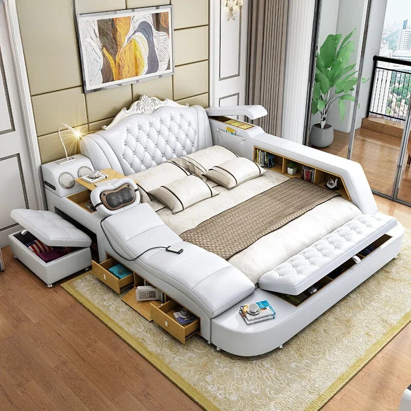 White High End Double Bed Designer European Luxury Modern Twin Bed Frame Platform Multifunctional