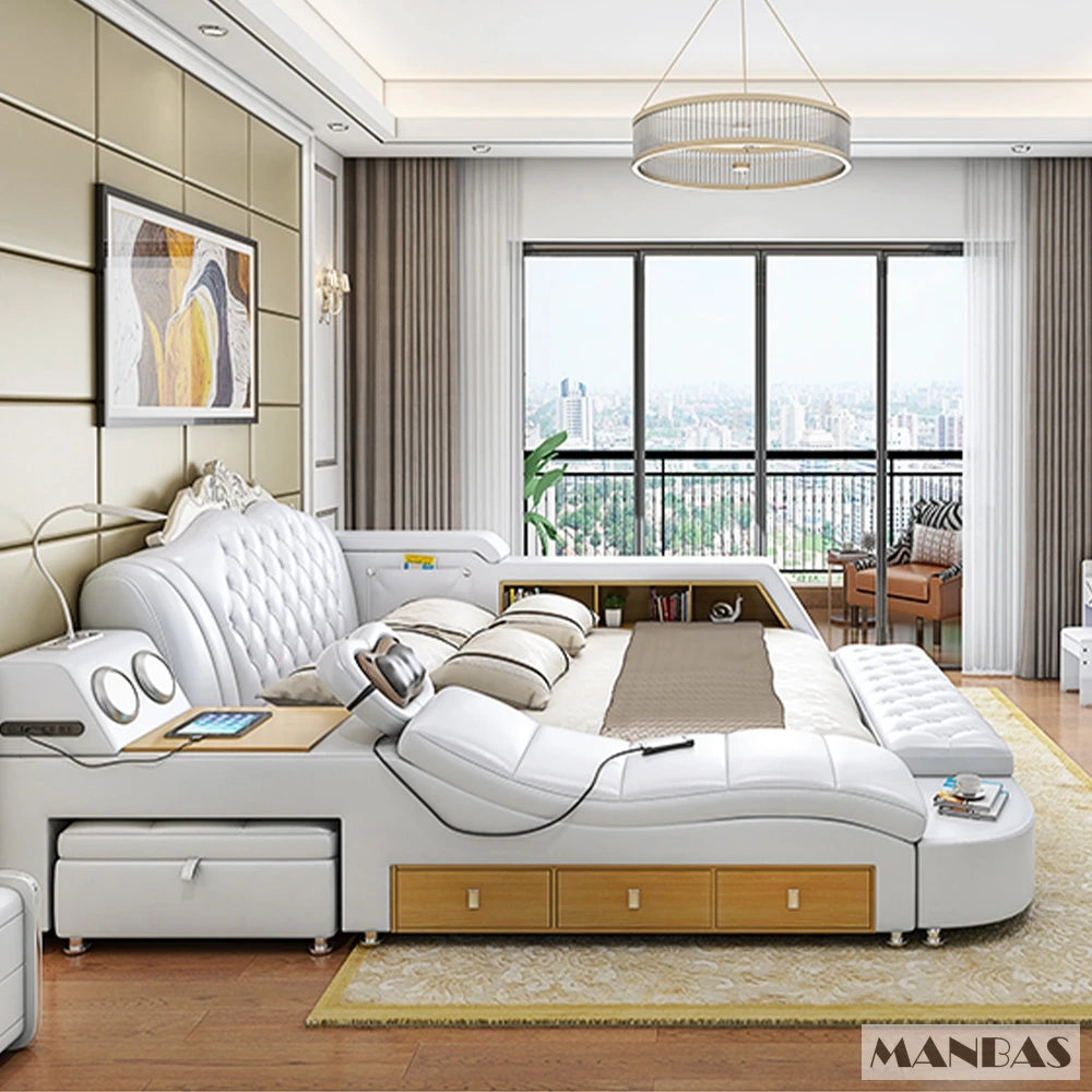 Tech Smart Multifunctional Bed with Genuine Leather, Massage, USB, Bluetooth Speaker, and Tatami for Safety.