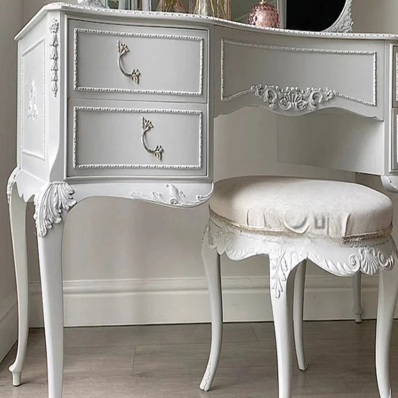 White Aesthetic Luxury Wood Makeup Table with Drawers