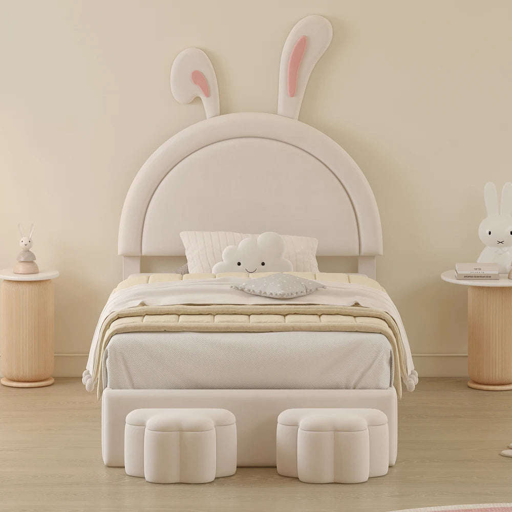 Upholstered Rabbit-Shape Bed with 2 Storage Stools, Velvet Platform Bed with Cartoon Ears Shaped Headboard, White Beds