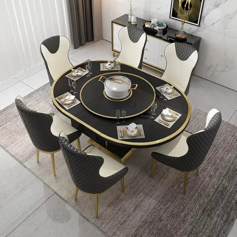Luxury Expandable Tempered Glass Storage Induction Cooker Round Rectangle Dining Table Set