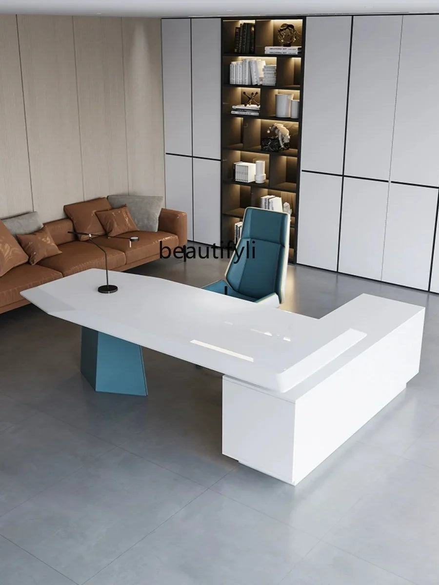 Simple Modern Light Luxury Office Desk – White Executive Desk for Bosses