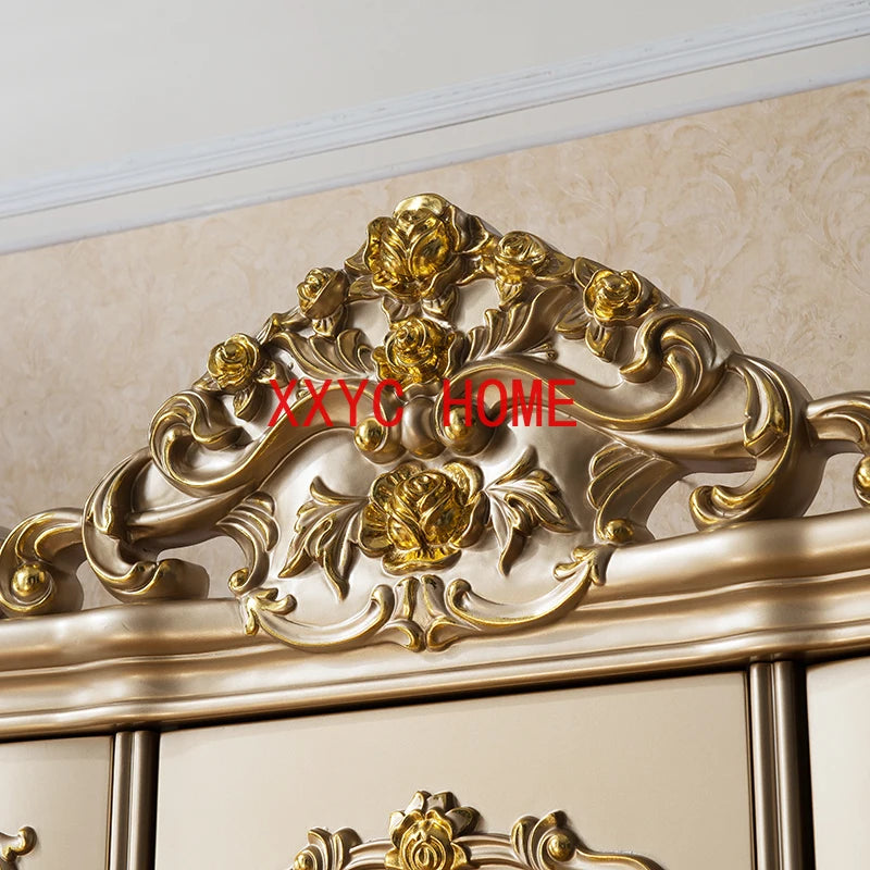 European-Style Three-Door Wardrobe – Champagne Gold, French Carved