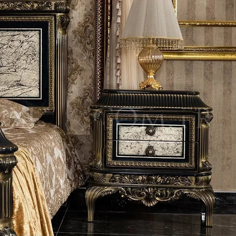 Custom solid wood European-style luxury double bed with intricate carvings