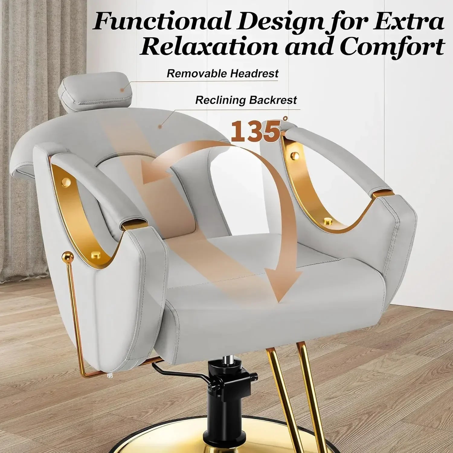 Barber Chair Reclining – All-Purpose Gold Salon Chair for Hair Stylists, 360° Swivel Rolling Chair