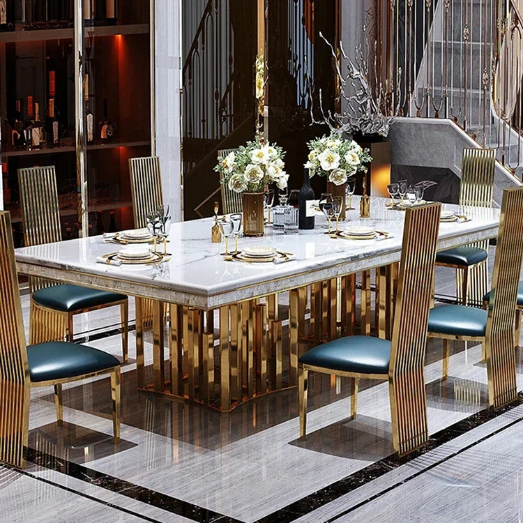 Light luxury villa marble dining table and chair set Italian modern dining room stainless steel base rectangle dining table
