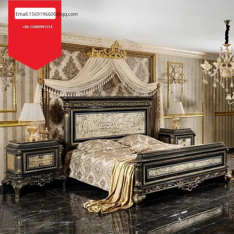 Custom solid wood European-style luxury double bed with intricate carvings