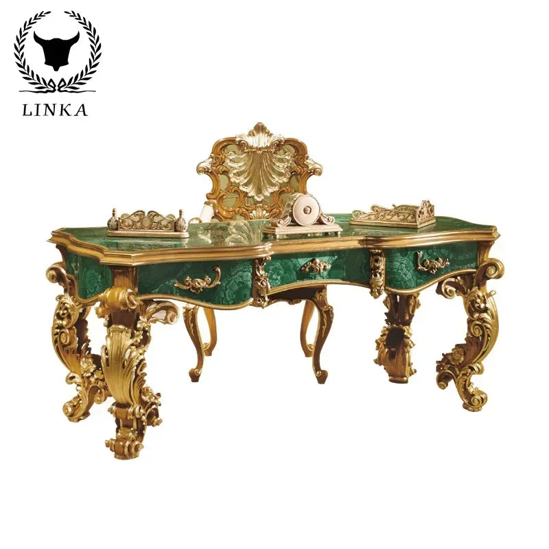 European Solid Wood Desk: Luxury Emerald Green with Gold Foil, Italian-French Carved Design, Customizable for Villas.
