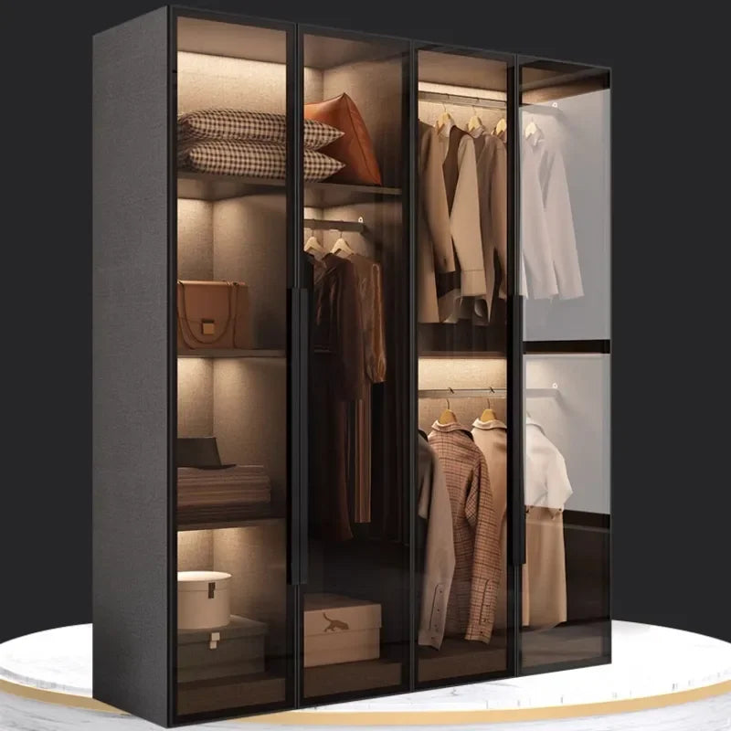 Black Luxury Glass Wardrobe – Hanger Organizer for Bedroom Storage