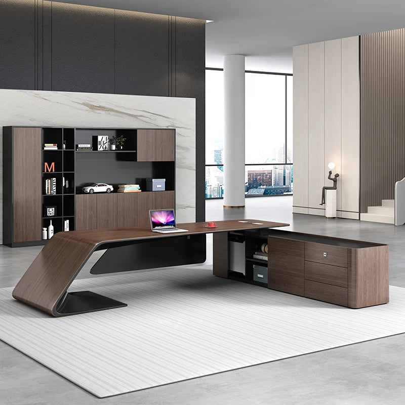 Modern High-End Desk in Solid Wood and Leather