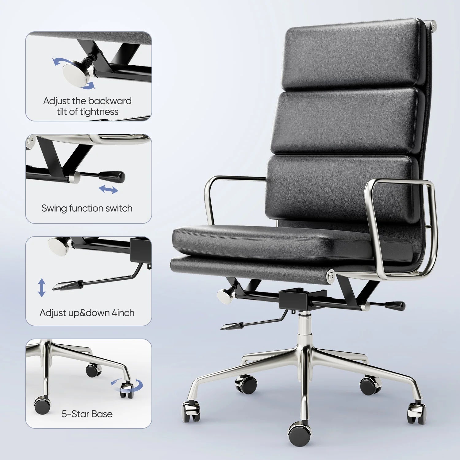 High Back Soft Pad Office Chair Genuine Leather Executive Desk with Lumbar Support Ergonomic Computer Chair with Aluminum Arms