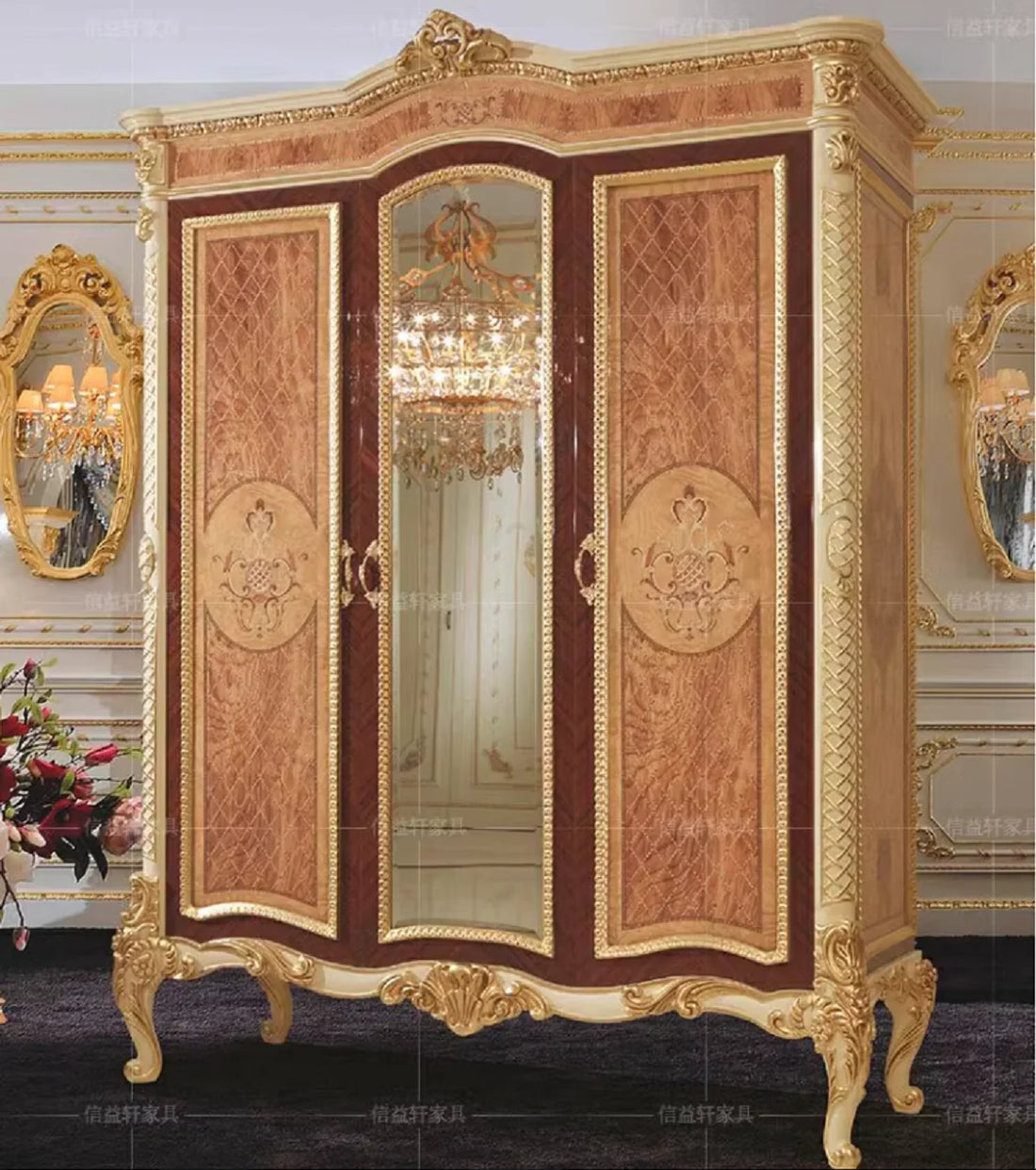 European Solid Wood Wardrobe – Carved, Painted, French Double Doors