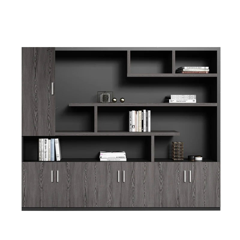 Wooden office furniture including a file cabinet, bookcase, and composite panel file cabinet, perfect for a boss&