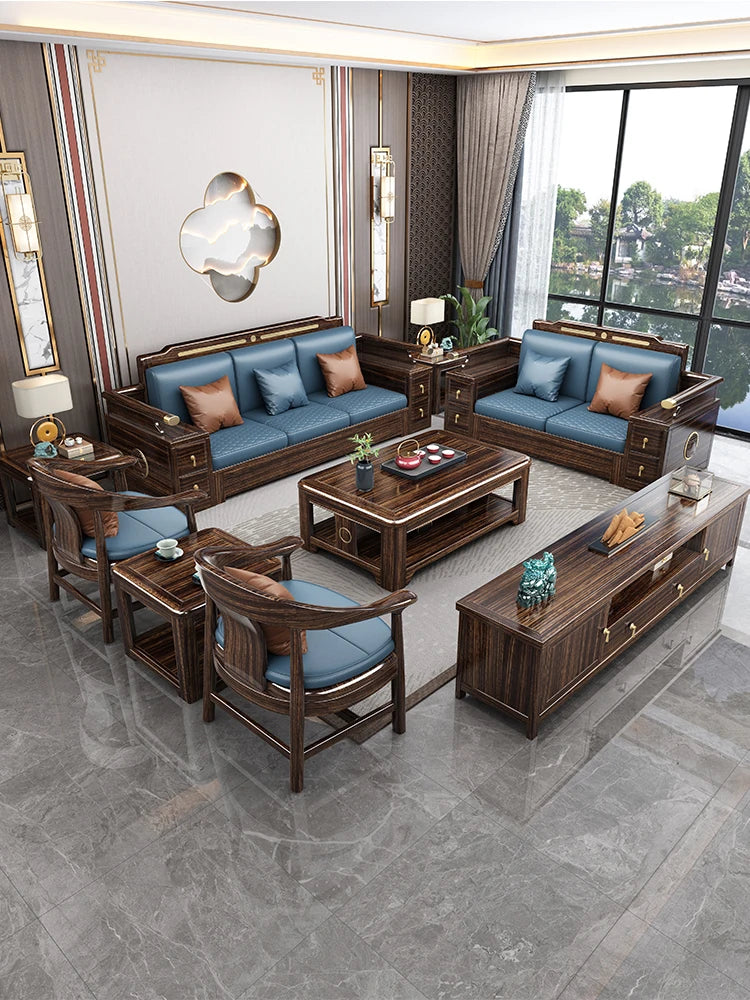 New Chinese style ebony all solid wood sofa combination villa living room, small and large unit storage sofa furniture