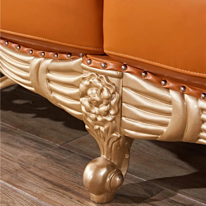 uropean-Style Leather Sofa: Full Solid Wood Carved, High-End Chaise for Small to Medium Living Rooms, 124 Seats Combination