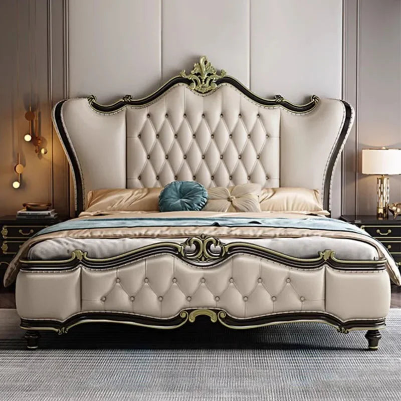 European Double Bed – King Size Wood Storage Organizer, Princess Style Bedroom