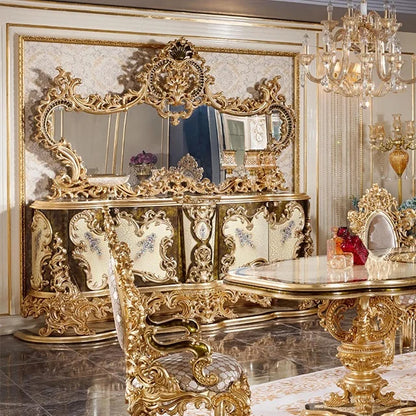 New Customized Wooden Inlay 8 Chairs Wood Gold Italian Style Living Room Furniture Classic Dinning Table Set