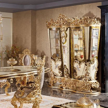 New Customized Wooden Inlay 8 Chairs Wood Gold Italian Style Living Room Furniture Classic Dinning Table Set