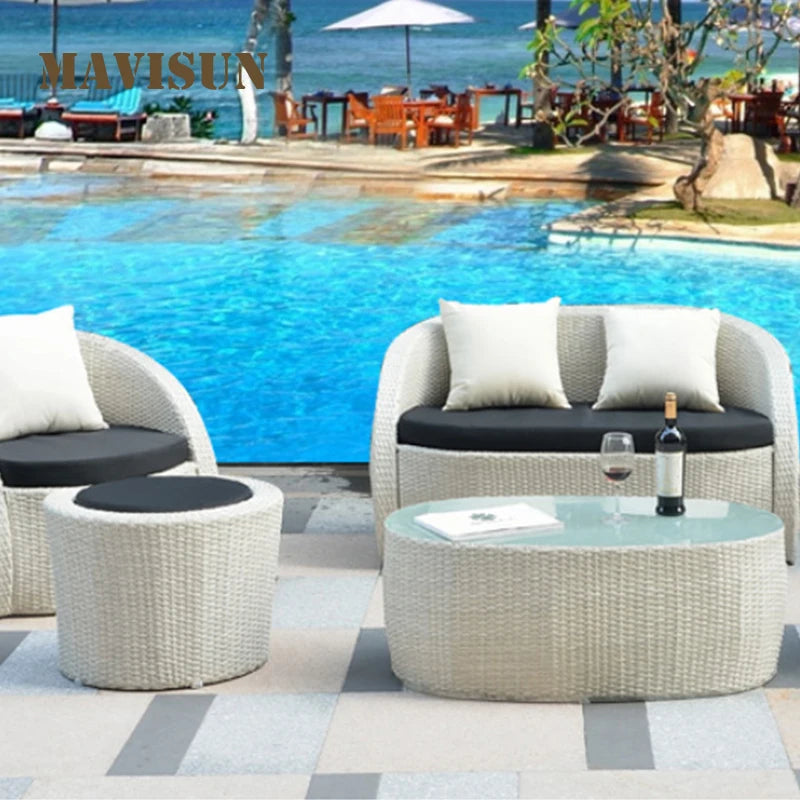 Outdoor Furniture Terrace Villa Garden Balcony Rattan Swimming Pool Round Bed Sofa Leisure Table And Chair Combination