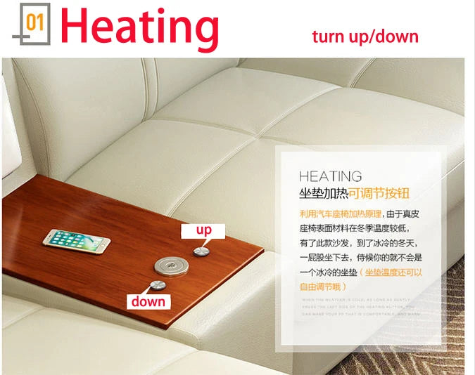 living room Sofa functional genuine leather couch Nordic sala U shape corner fridge cup holder seat heating USB Iphone charging