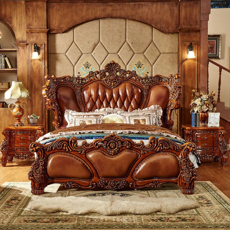 European-Style Luxury Villa Bed: 2 Meters Wide, Solid Wood Carved with First Layer Cowhide, Queen Size for Hotels.