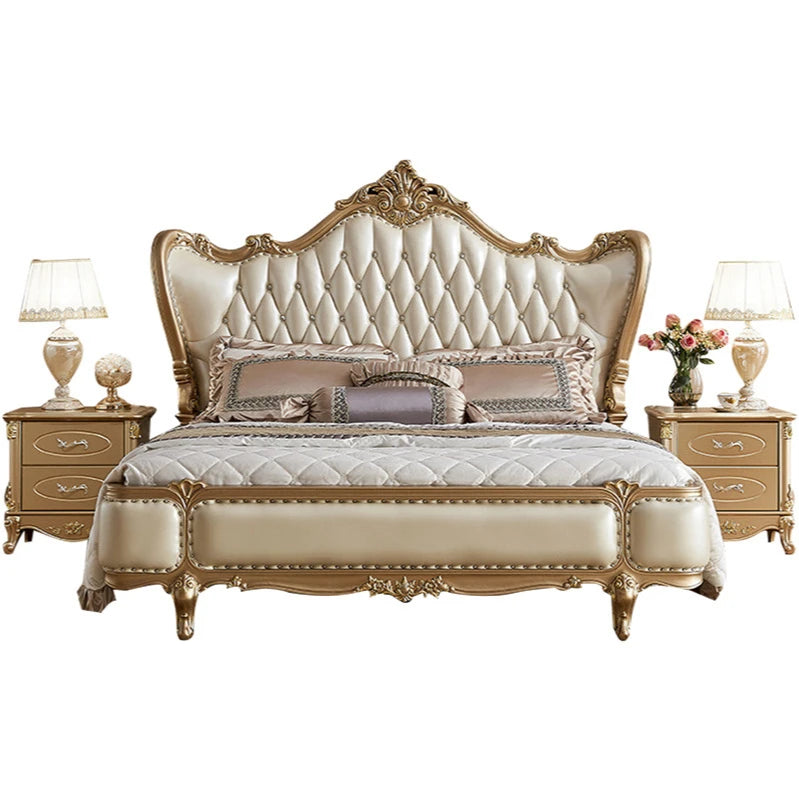 European-style luxury double bed with solid wood carvings and leather accents
