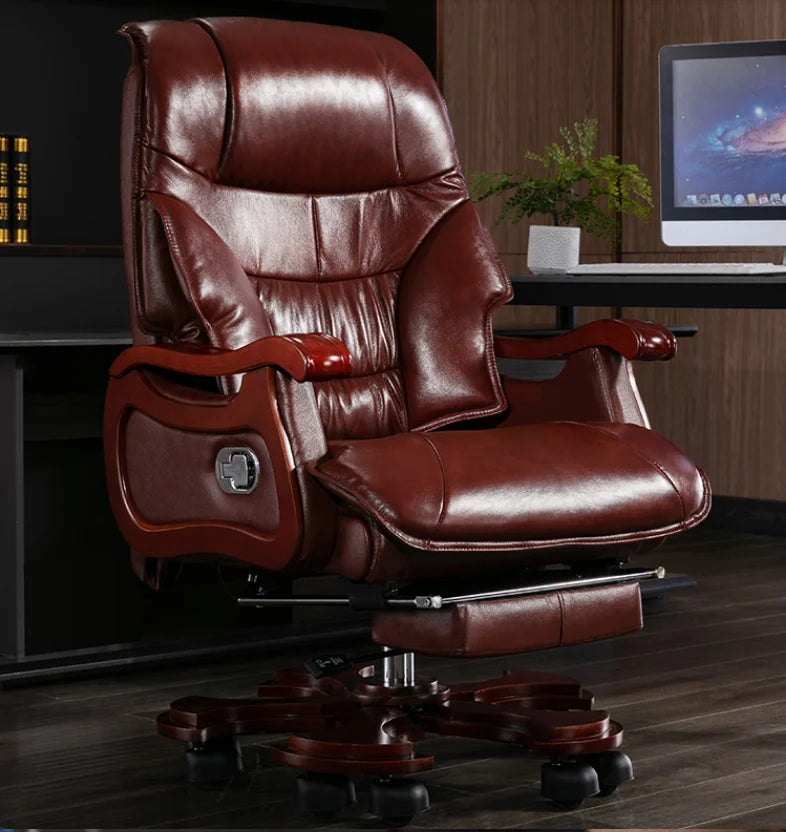 Leather boss chair home business office chair reclining lift massage armchair solid wood swivel chair